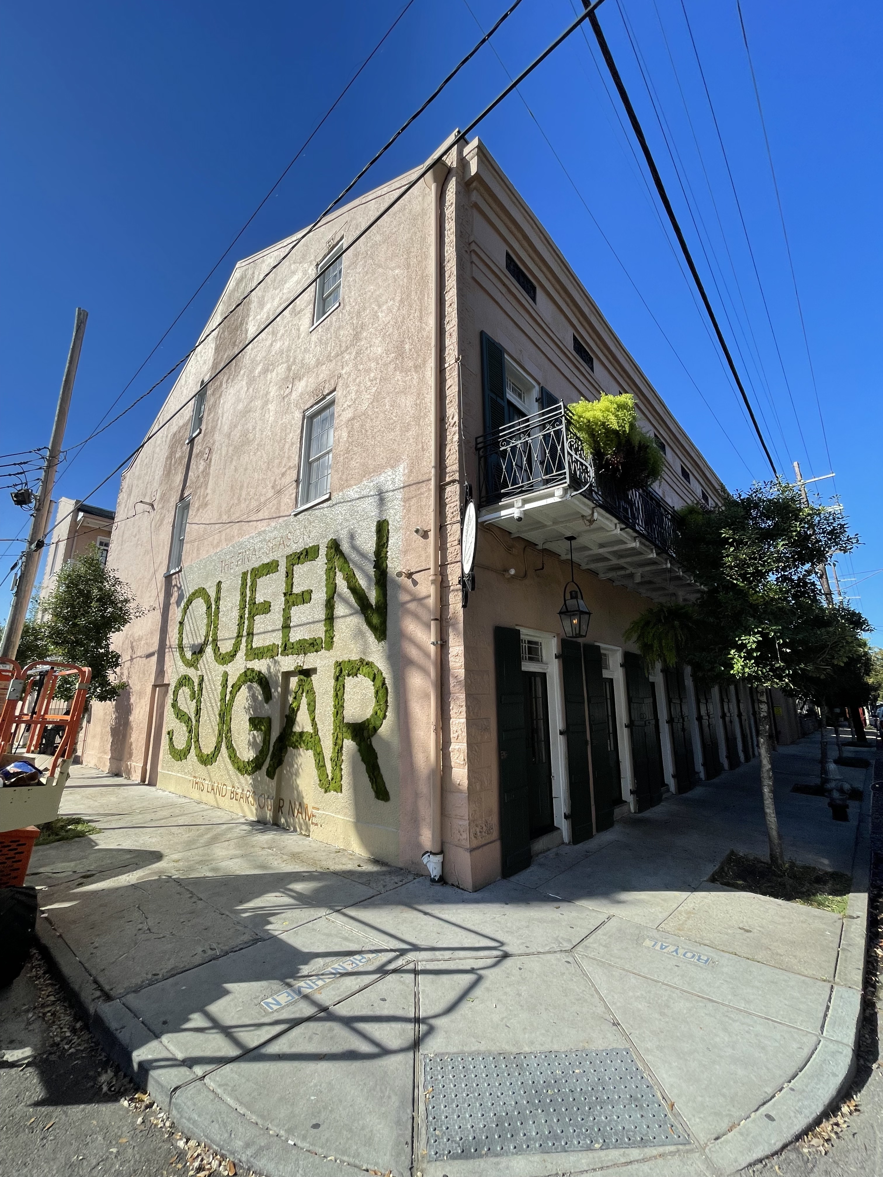 Queen Sugar living moss lettering on corner building exterior in New Orleans